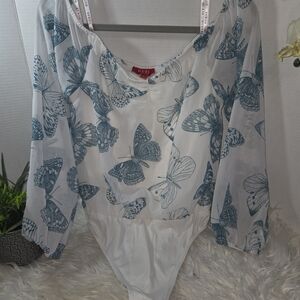 Blue Butterfly Print Bodysuit, Size M